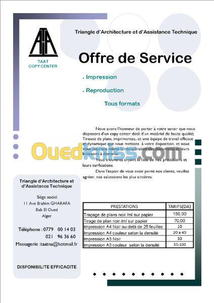 Tracage et Tirage de plans Alger Bab el oued Ouedkniss Algérie