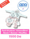 Pack 04 pieces: grenouillère Bavoir Mouffles Bonnet 