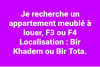 Cherche location Appartement F3 Alger Birkhadem