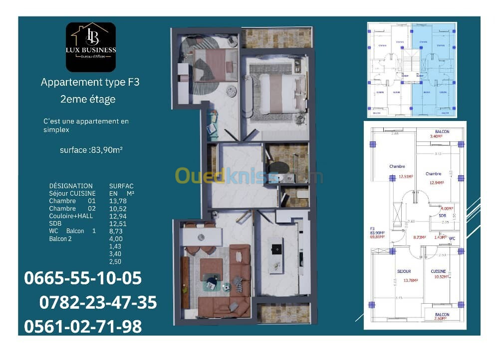 Vente Appartement F3 Alger Bordj el kiffan