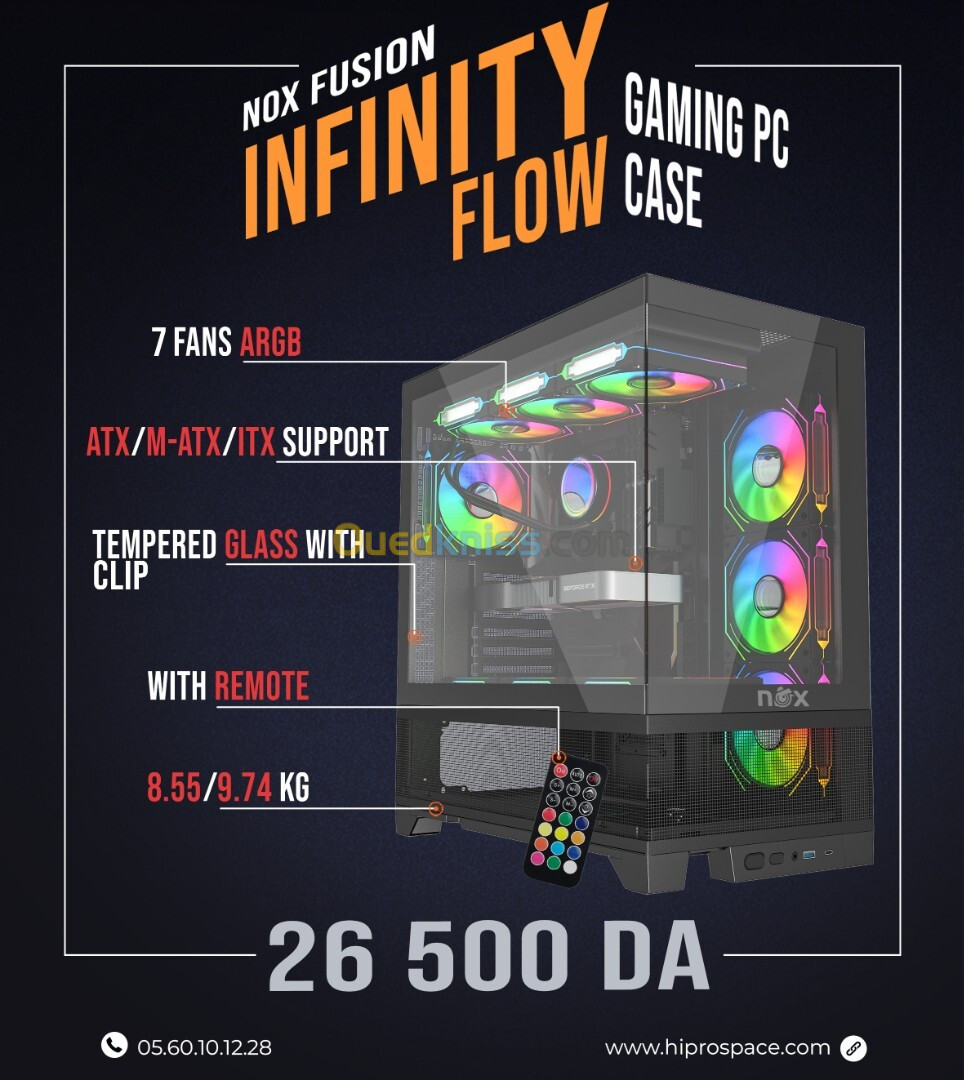 Boitier Gamer NOX INFINITY FLOW full Black plus 7Pcs Fan M31-12cm ARGB + Controller 10 sorties