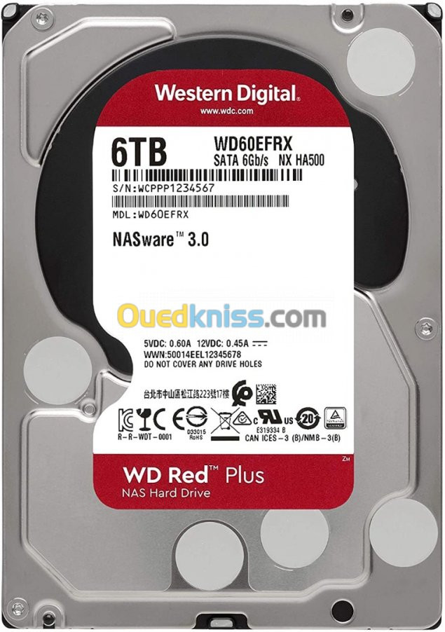 WD 6TB RED NAS  -  WD60EFAX - 3,5" SATA 6 Gb/s - 5400 TPM - 256 Mo - HDD