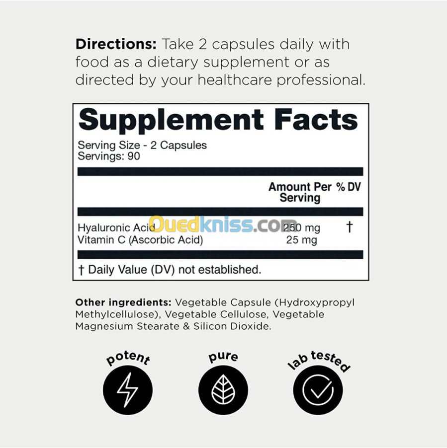 Acide Hyaluronique Ultra Pure A 95% - 180 Capsules