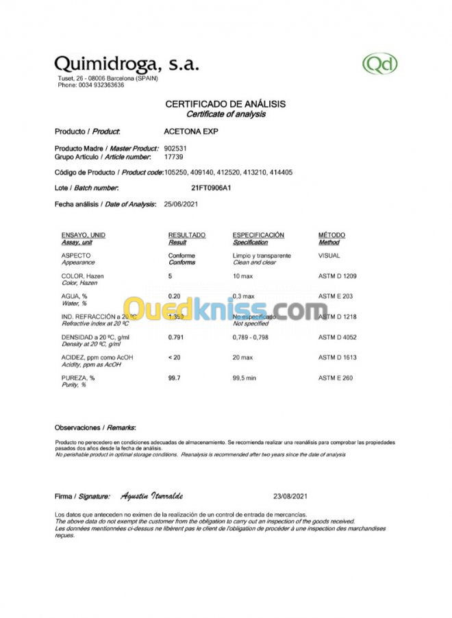 Acetone quimidroga 170 kg 