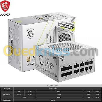 ALIMENTATION MSI MAG A850GL 850w 80PLUS GOLD PCIE5 - WHITE