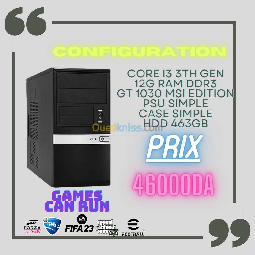 pc core i3 3th gen gt 1030 12 go ram ddr3 hdd 500gb