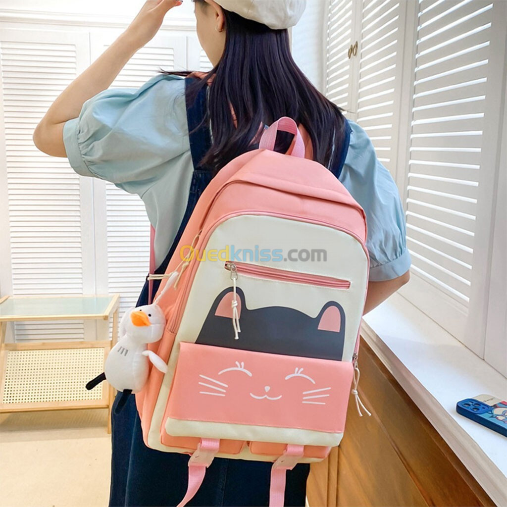  Sac À Dos Scolaire Cute Cat 5pcs en Tissu pour Adolescents Et Filles