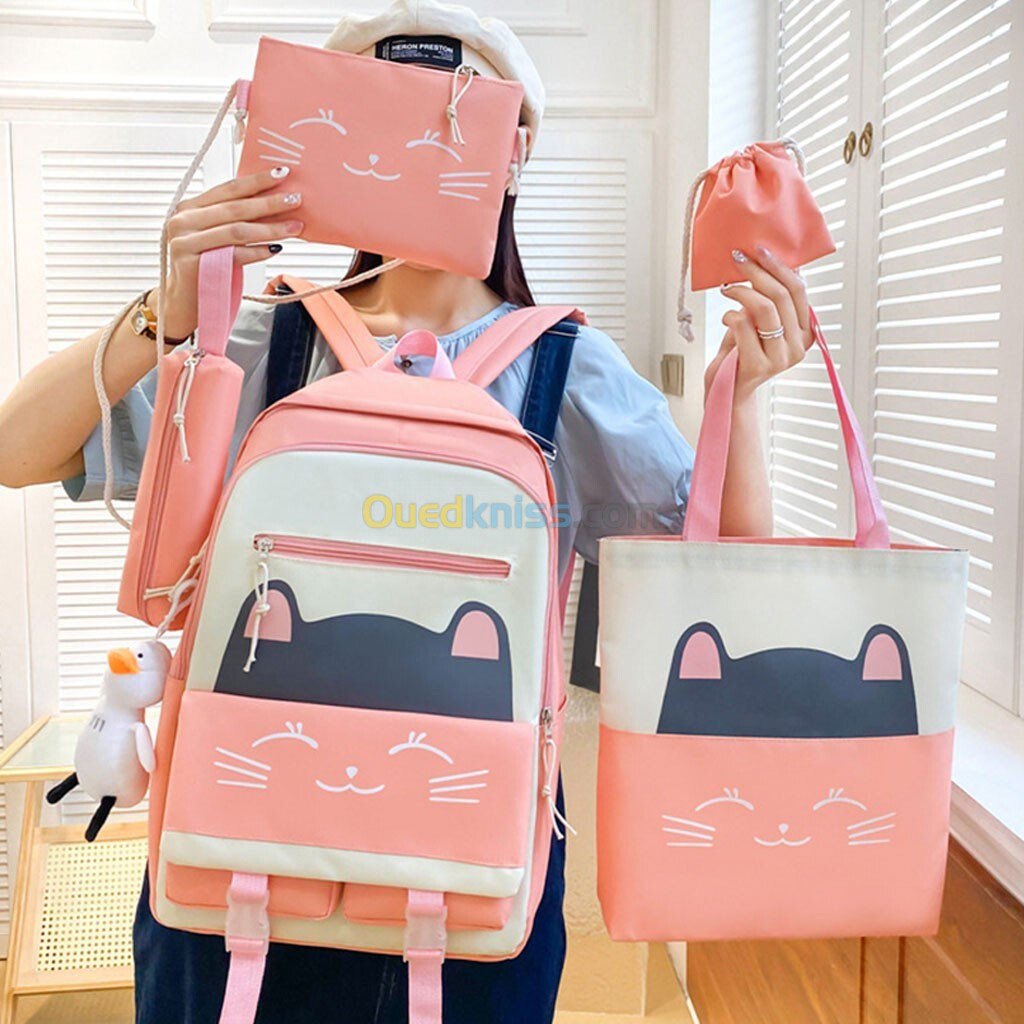  Sac À Dos Scolaire Cute Cat 5pcs en Tissu pour Adolescents Et Filles