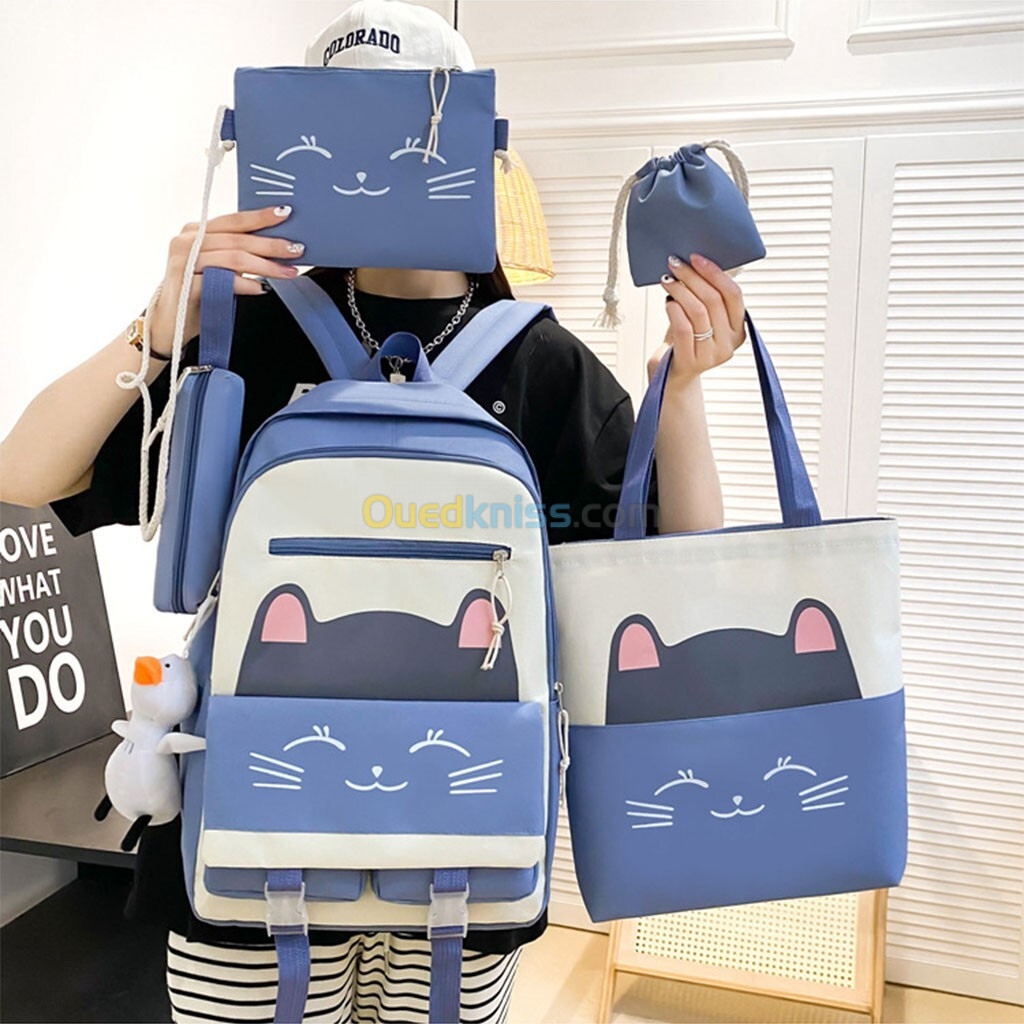  Sac À Dos Scolaire Cute Cat 5pcs en Tissu pour Adolescents Et Filles