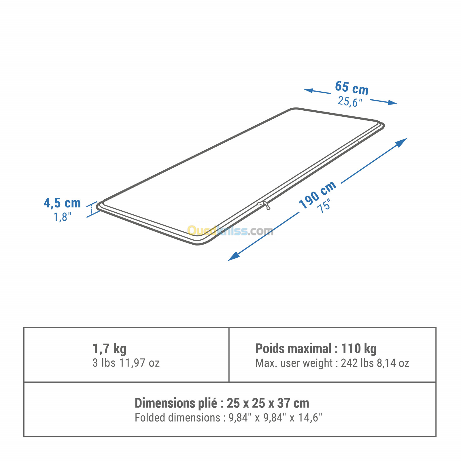 QUECHUA MATELAS AUTOGONFLANT DE CAMPING - COMFORT 65 CM - 1 PERSONNE