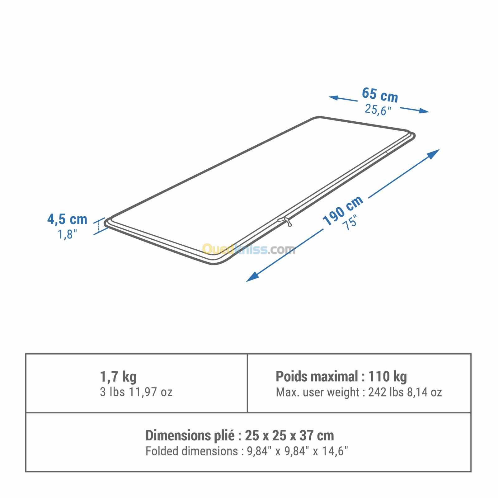 QUECHUA MATELAS AUTOGONFLANT DE CAMPING - COMFORT 65 CM - 1 PERSONNE