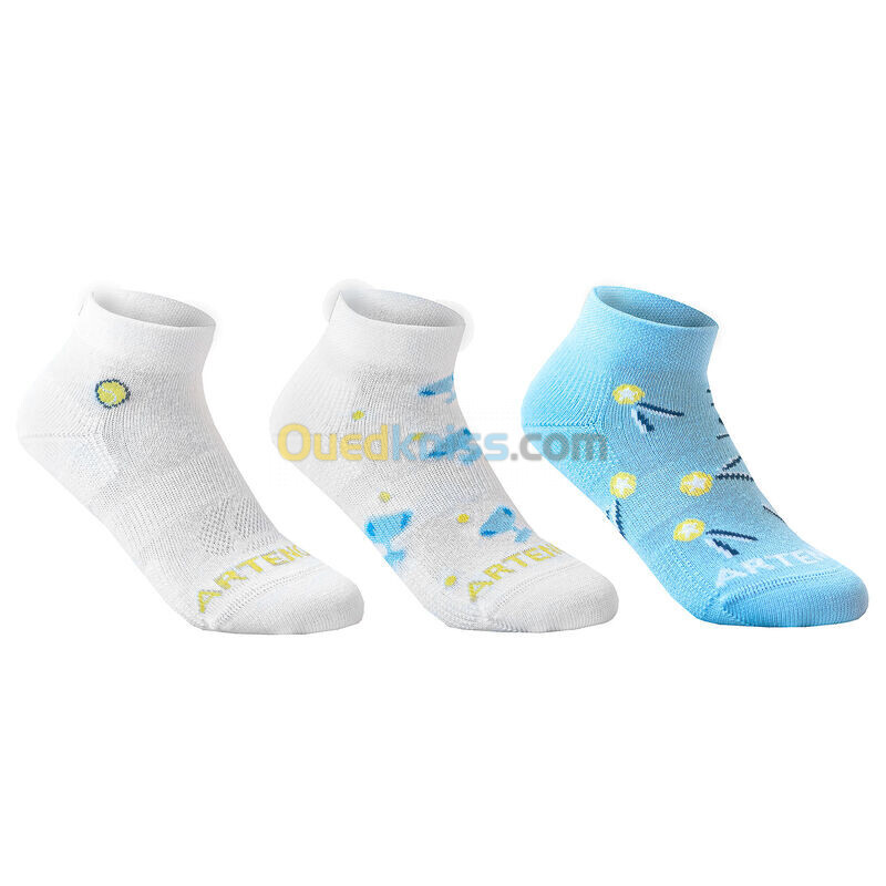 ARTENGO CHAUSSETTES DE SPORT ENFANT MI-HAUTES ARTENGO RS 160 BLANC BLEU LOGO LOT DE 3@