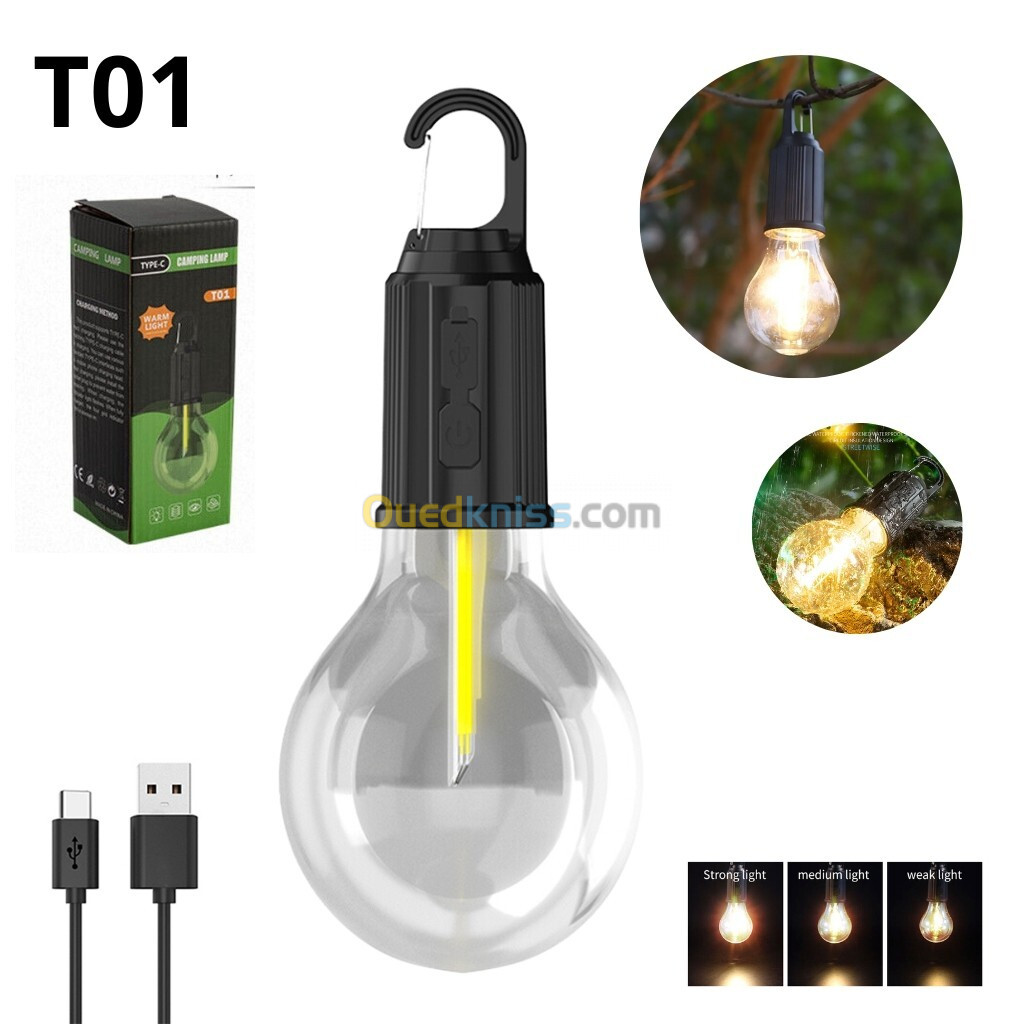 Lampe de Camping Portable étanche rechargeable 3 modes d'éclairage T01