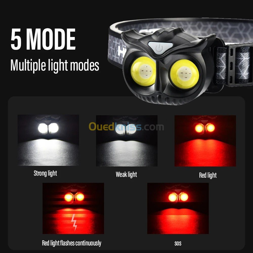 Hibou Lampe frontale LED rechargeable 1500 lumens, 5 modes, étanche IPX4