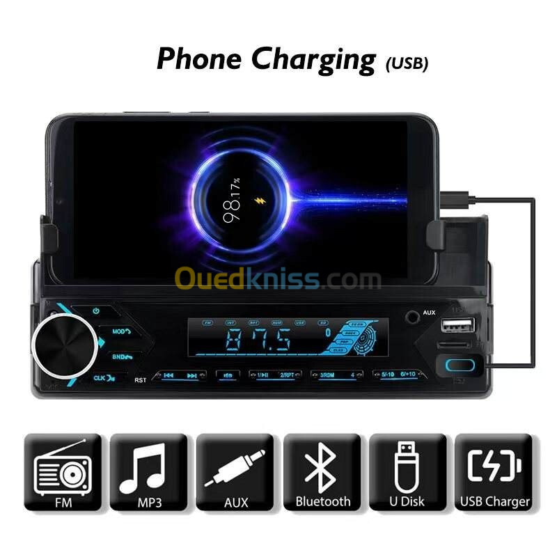 Poste radio BT In-dash 1 Din Fm Aux-in Récepteur SD USB avec support de téléphone