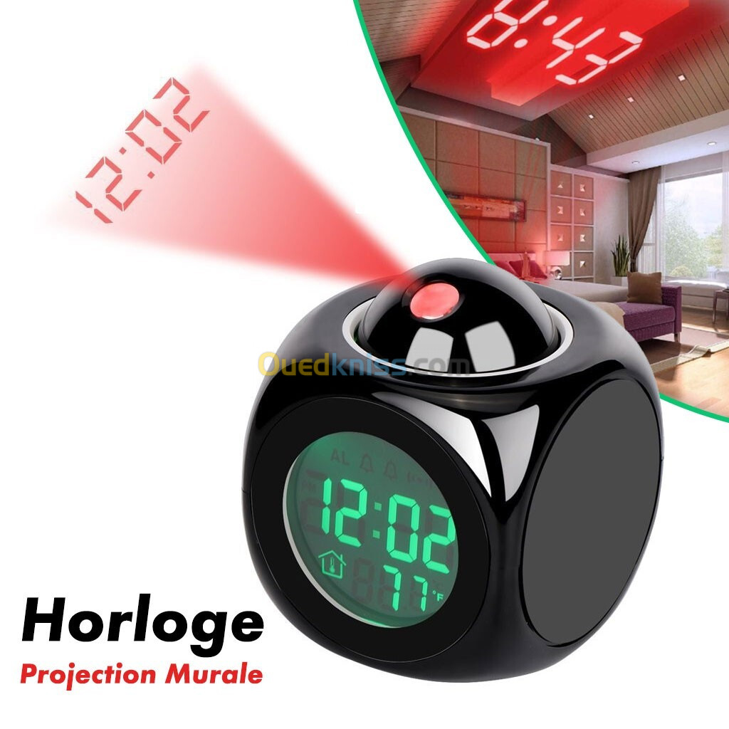 Horloge numérique de Projection LCD à LED, alarme vocale, fonction Snooze, thermomètre