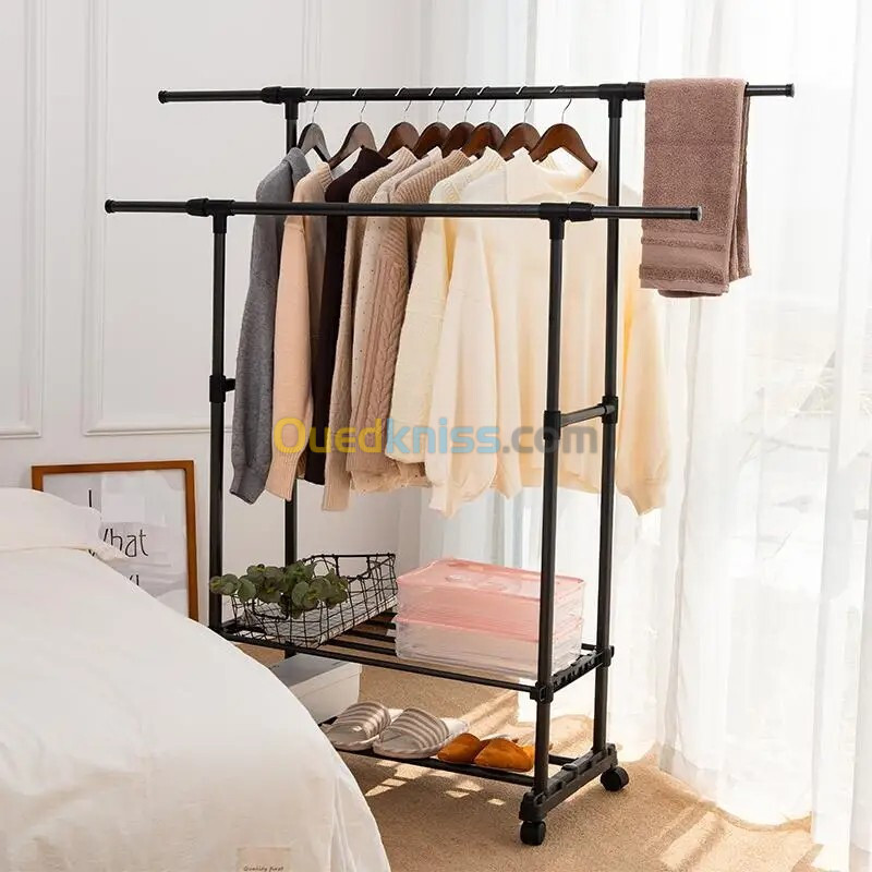 Penderie Mobile Double Barres Extensible Hauteur réglable avec 4 Roulettes V6