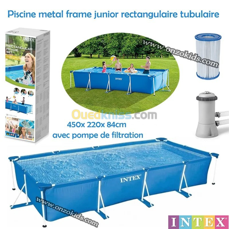 Piscine Metal frame rectangulaire tubulaire 450x 220x 84cm avec pompe de filtration  Intex