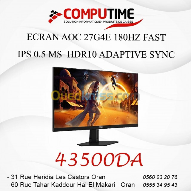 ECRAN AOC 27G4E - 27 POUCE - 180HZ - FAST IPS - 0.5 MS - HDR10 - ADAPTIVE SYNC 