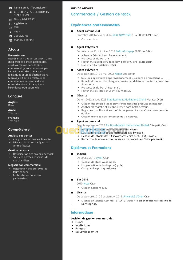 commerciale  agent polyvalente  gestionnaire de stock  