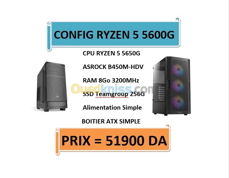  CONFIG RYZEN 5 5650 G / Asrock B450 / 8GO 3200MHz / SSD 256Go