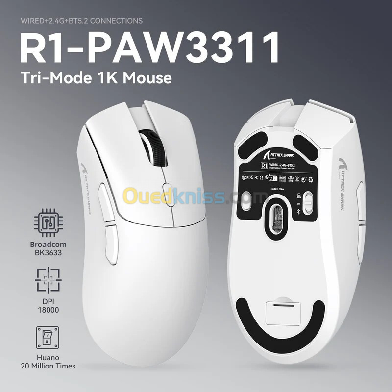 SOURIS GAMING ATTACKSHARK R1 WIRELESS ULTRA-LIGHT MOUSE 59G