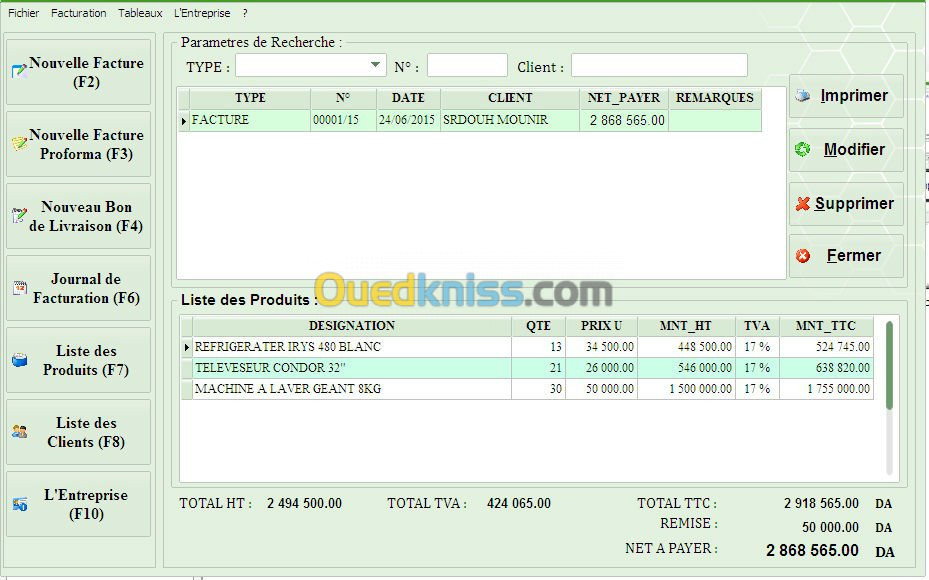 LOGICIEL de ** GESTION DES FACTURES **