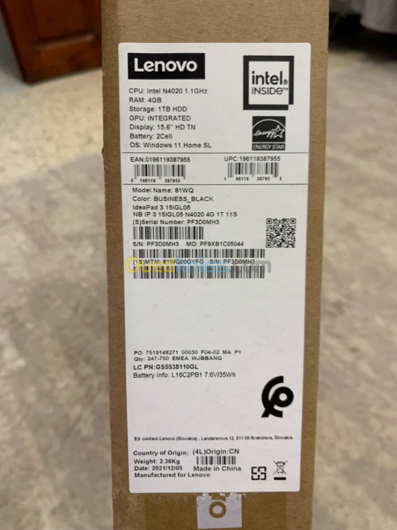 Lenovo ideapad 3 intel N4020 4g/1to 15,6  HD tn neuf jamais utilisé