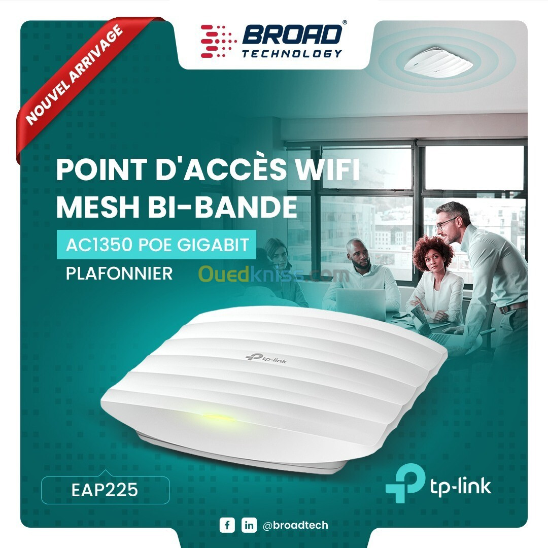 EAP225 TP-LINK Point d'accès WiFi Mesh bi-bande AC1350 PoE Gigabit - Plafonnier