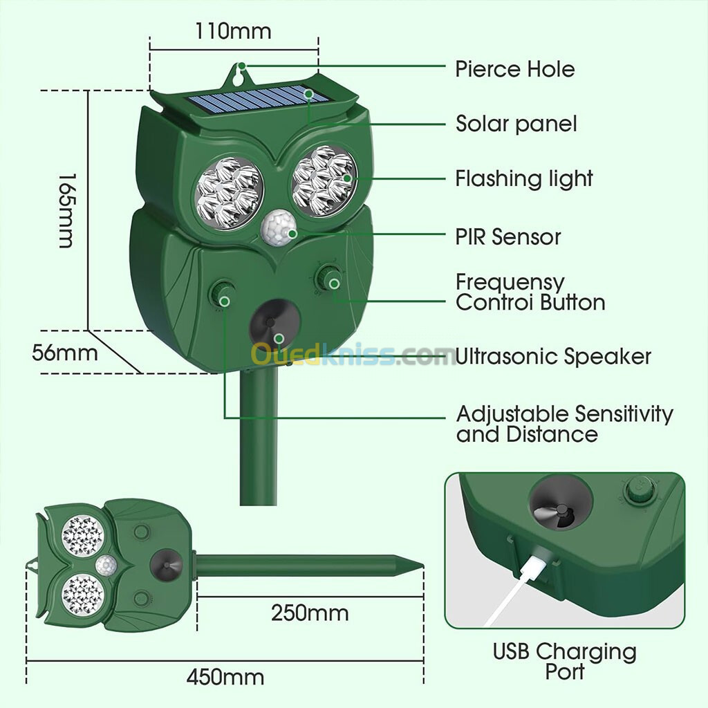 Répulsif pour animaux solaire à ultrasons et parasites en forme d'hibou