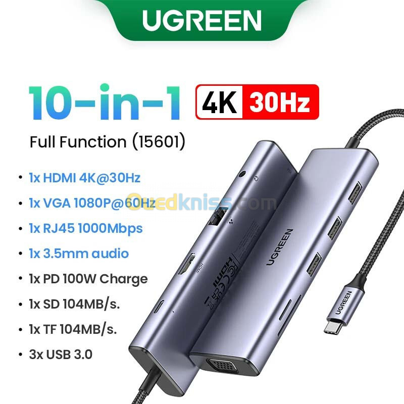 Adaptateur HUB Ugreen 10 in 1 USB-c type-c to HDMI, VGA, RJ45, SD/TF, 3 * USB3.0, PD, Audio 3.5mm