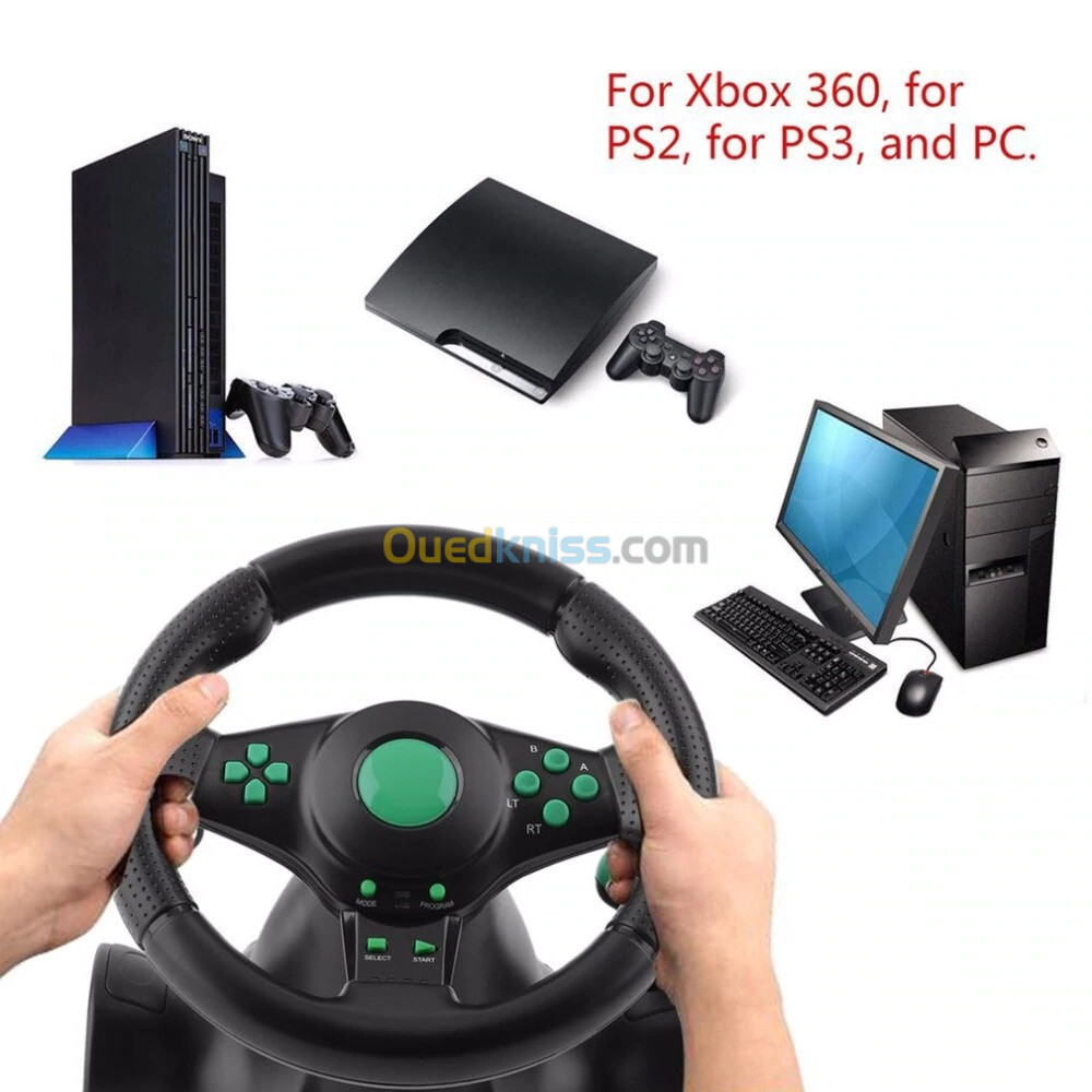 Volant de course USB 4 en 1 180 degrés avec pédales pour PC XBOX 360 PS3 PS2 Vibration