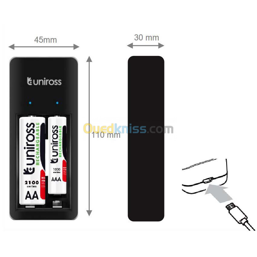 Chargeur de pile UNIROSS Mini AA / AAA By Micro USB 7h + 2 x Pile AAA 600mAh UCU001B