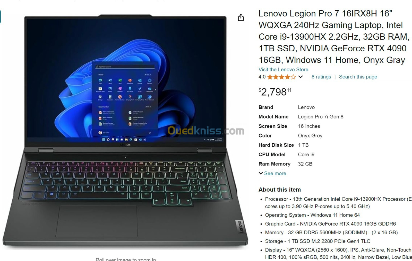 Lenovo Legion Pro 7 Gaming Laptop,  Core i9-13900HX 2.2GHz, 32GB RAM, 1TB SSD, NVIDIA  RTX 4090 16GB