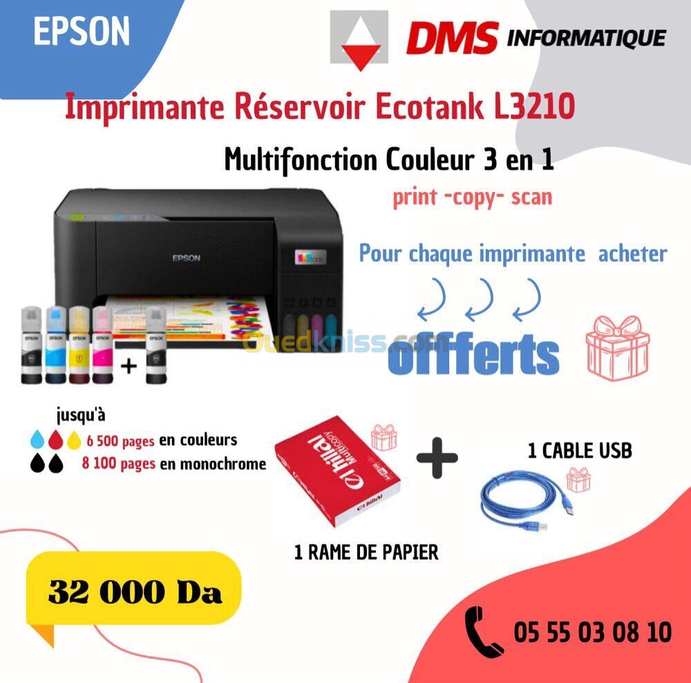 Imprimante EcoTank Couleur Epson L3210 Multifonctions 3En1