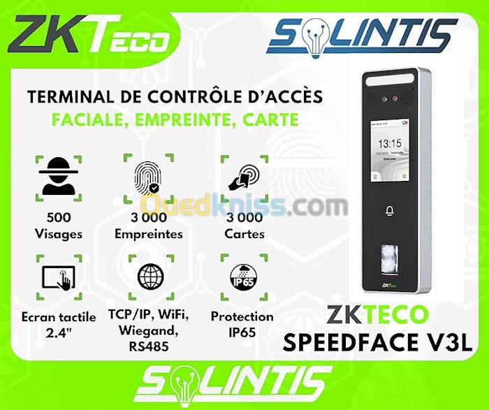 Terminal de Contrôle D'accès et De Pointage (Faciale, empreinte, carte) ZKTeco SpeedFace V3L