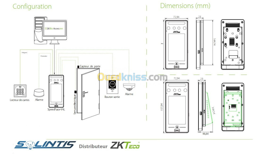 ZKTeco SpeedFace V4L, Pointeuse et contrôle d'accès  (Faciale, Paume, Carte)