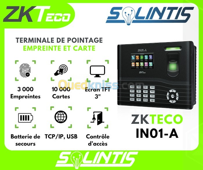 Pointeuse biométrique avec empreinte digitale et carte ZKTeco IN01-A