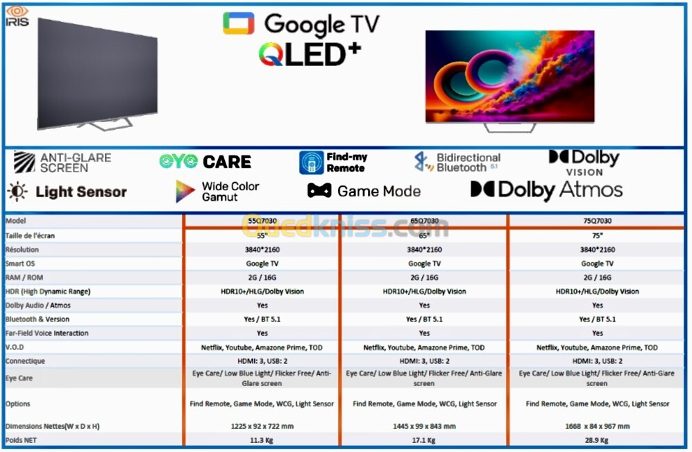 TV IRIS 65" QLED+ Q7030 4K Android Google TV