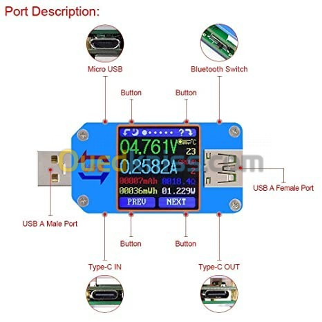 UM25C Testeur USB mesurer Bluetooth tension, le courant, la puissance, la  température