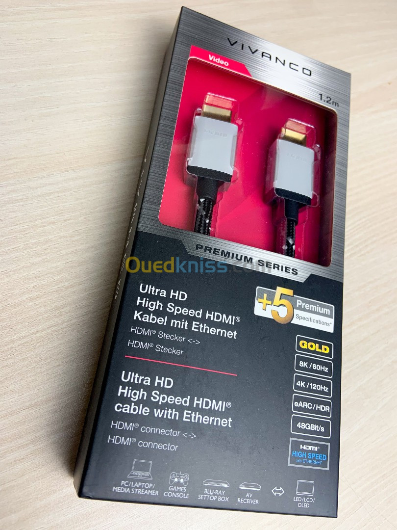 Vivanco HDMI Haute Vitesse 2.1 Ethernet 8K . Avec 8K @ 60Hz . 4K à 120 Hz jusqu'à 48 Go/s (1.2M)