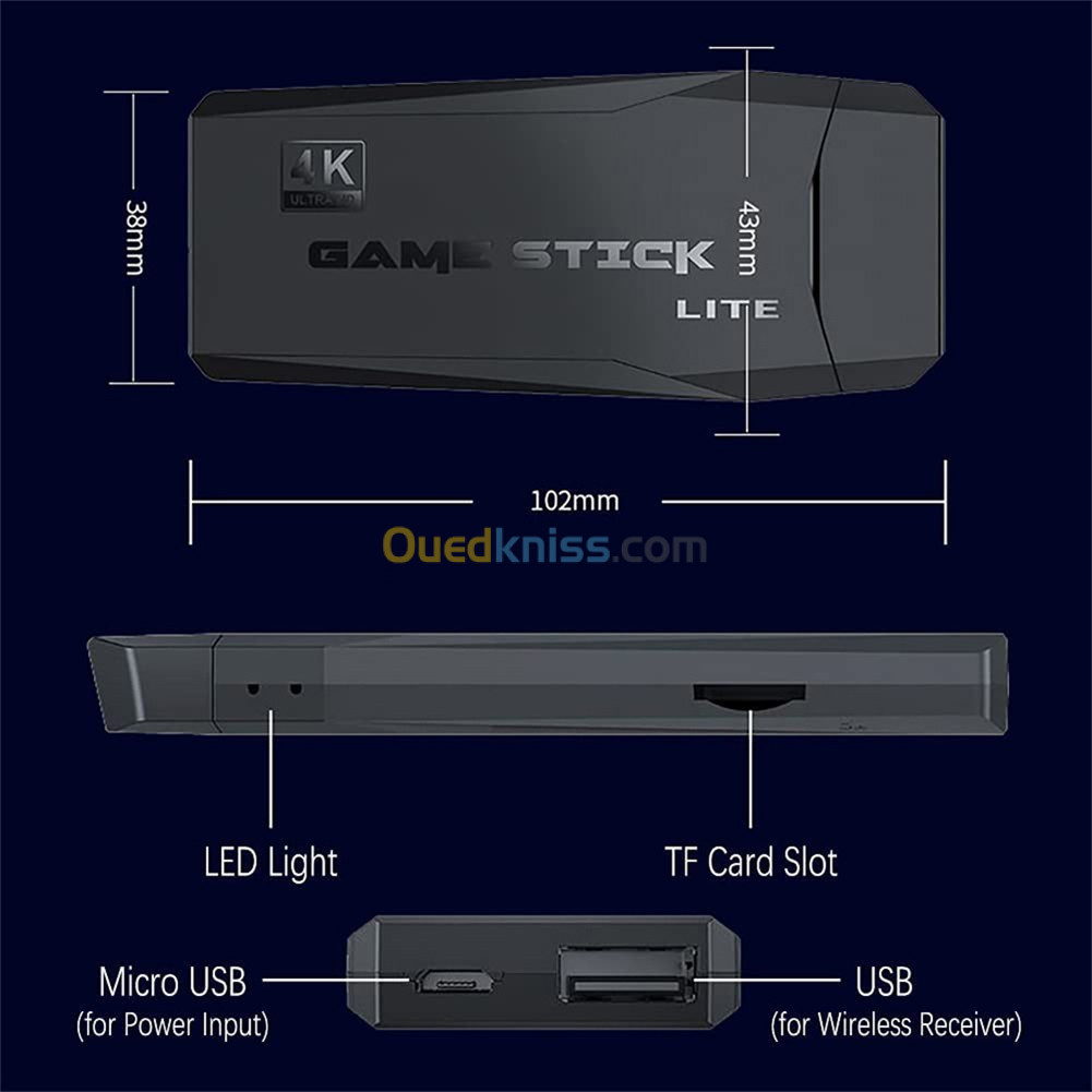 Console de Jeu Vidéo avec Double Manette Sans Fil 2.4G Plus de 10000 jeux, 64 Go 4K Game Stick Lite 