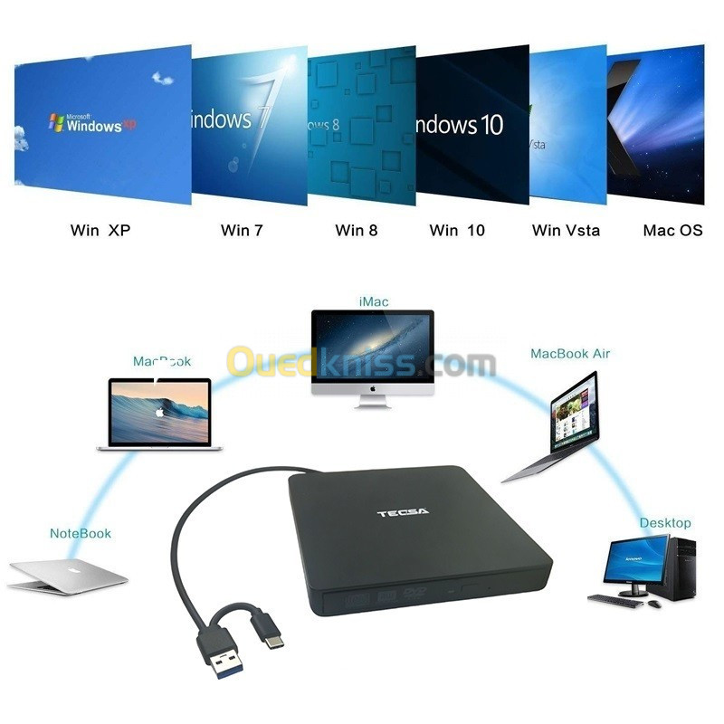 Graveur & Lecteur Dvd & CD Externe Slim USB 3.0/USB Type-C pour Windows /  MAC OS TCS-W7 TECSA - Alger Algérie
