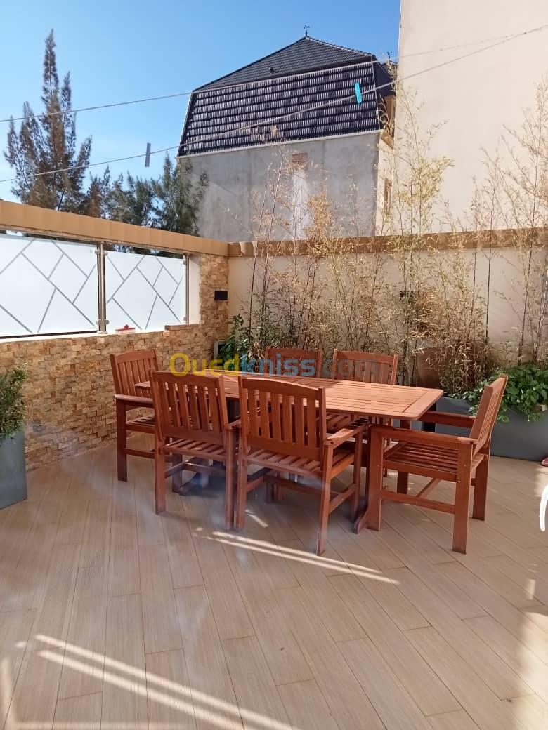 Table jardin 6 person avec parasol teak