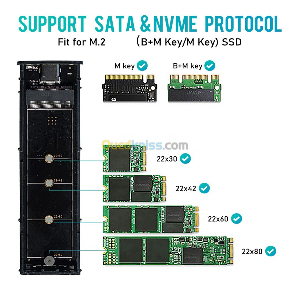 boîtier M2 NVMe 10Gbps à double protocole, boîtier SSD M2 PCIE/ NGFF SATA USB 3.1