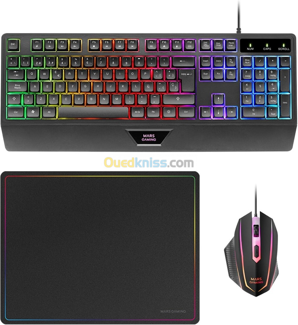 MARSGAMING MCP124, Combo de Jeu 3 en 1 Clavier Ergonomique H-Mech,Souris ,Tapis de Souris RGB