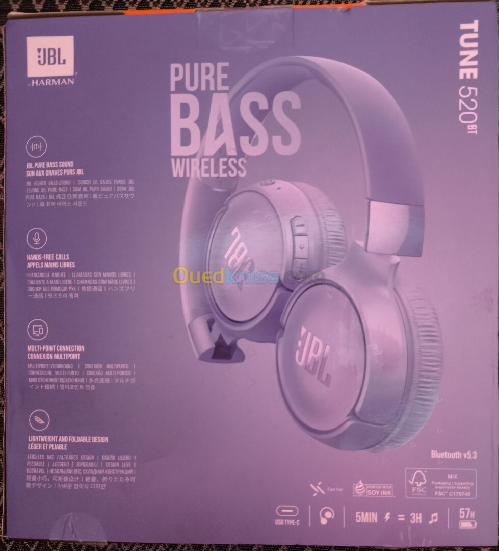 CASQUE JBL TUNE 520 BT - BLUETOOTH - SANS FIL -FAST CHARGING -PURE BASE - LÉGER & CONFORTABLE -