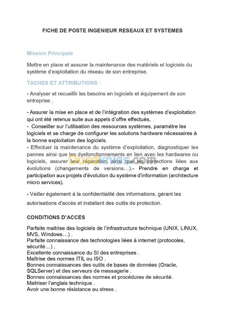 Offre d'emploi pour poste INGENIEUR RESEAUX ET SYSTEMES .