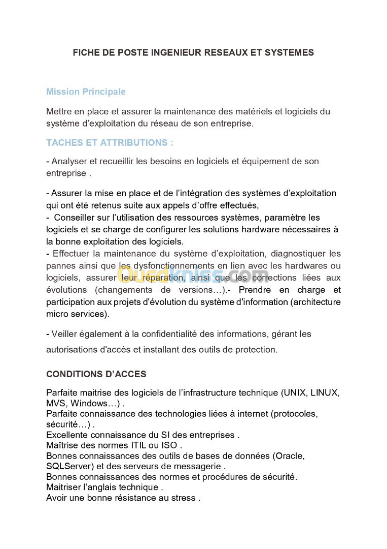 INGENIEUR RESEAUX ET SYSTEMES