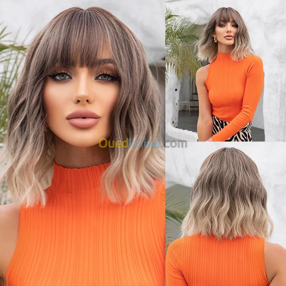 Perruque bob ondulée grise pour femme avec tresses perruque courte blonde ombrée avec racines foncé 